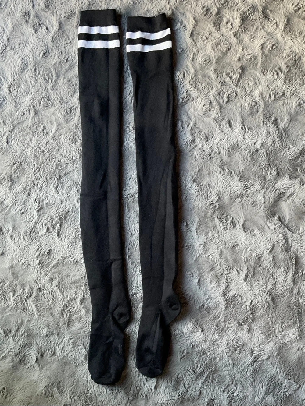 Black Thigh-High Socks with White Stripes